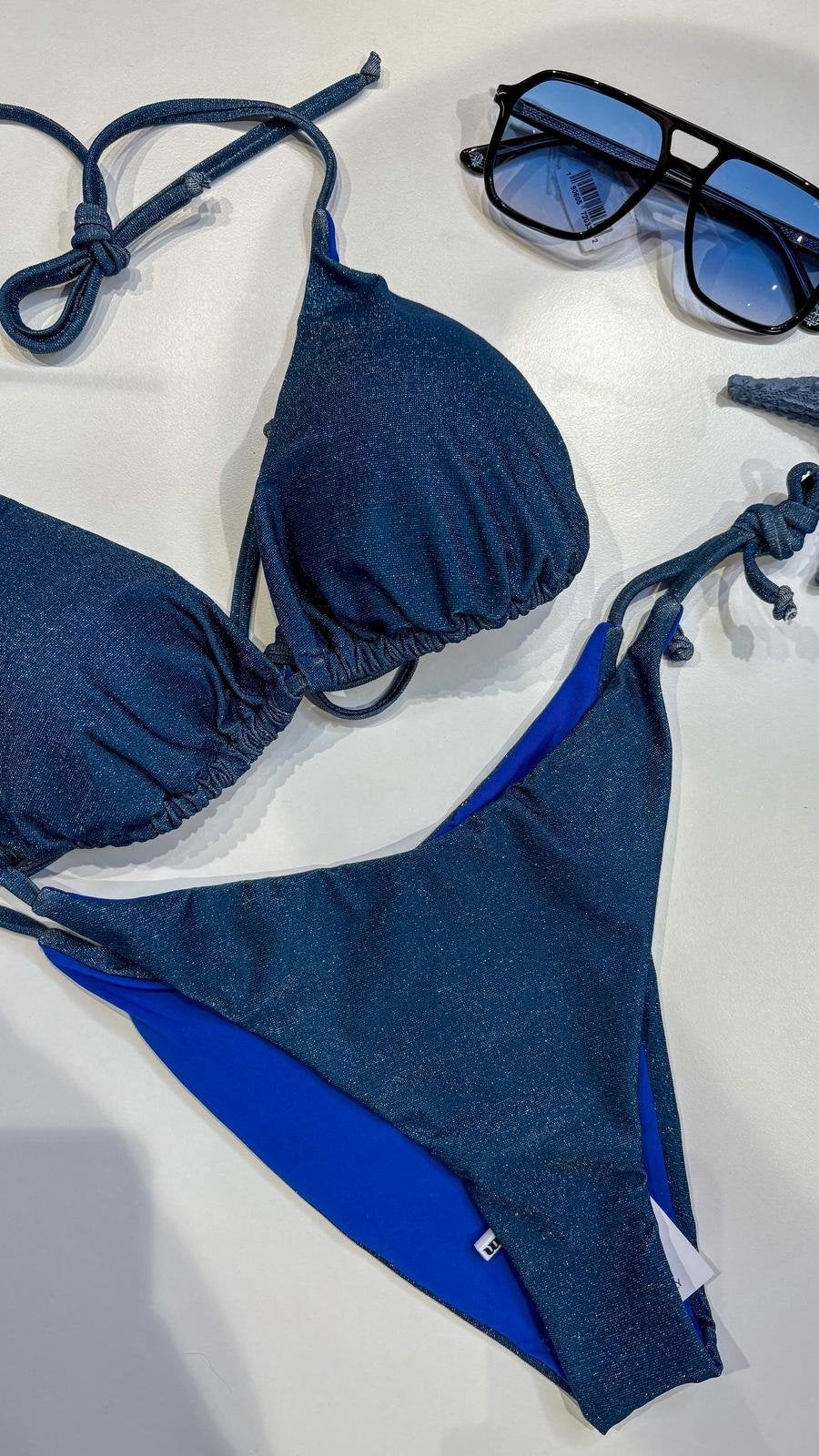 Bikini Kate Lurex Blu – Triangolo Regolabile Brasiliana
