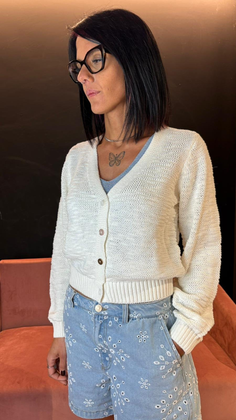 Cardigan Cropped in Cotone Cloud Dancer – Scollo a V Femminile - Cloud Dancer