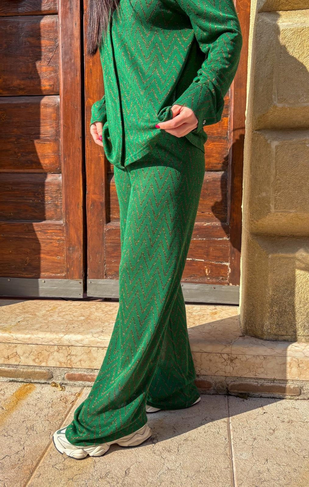 Pantalone Polinesia verde con zig zag in lurex rame