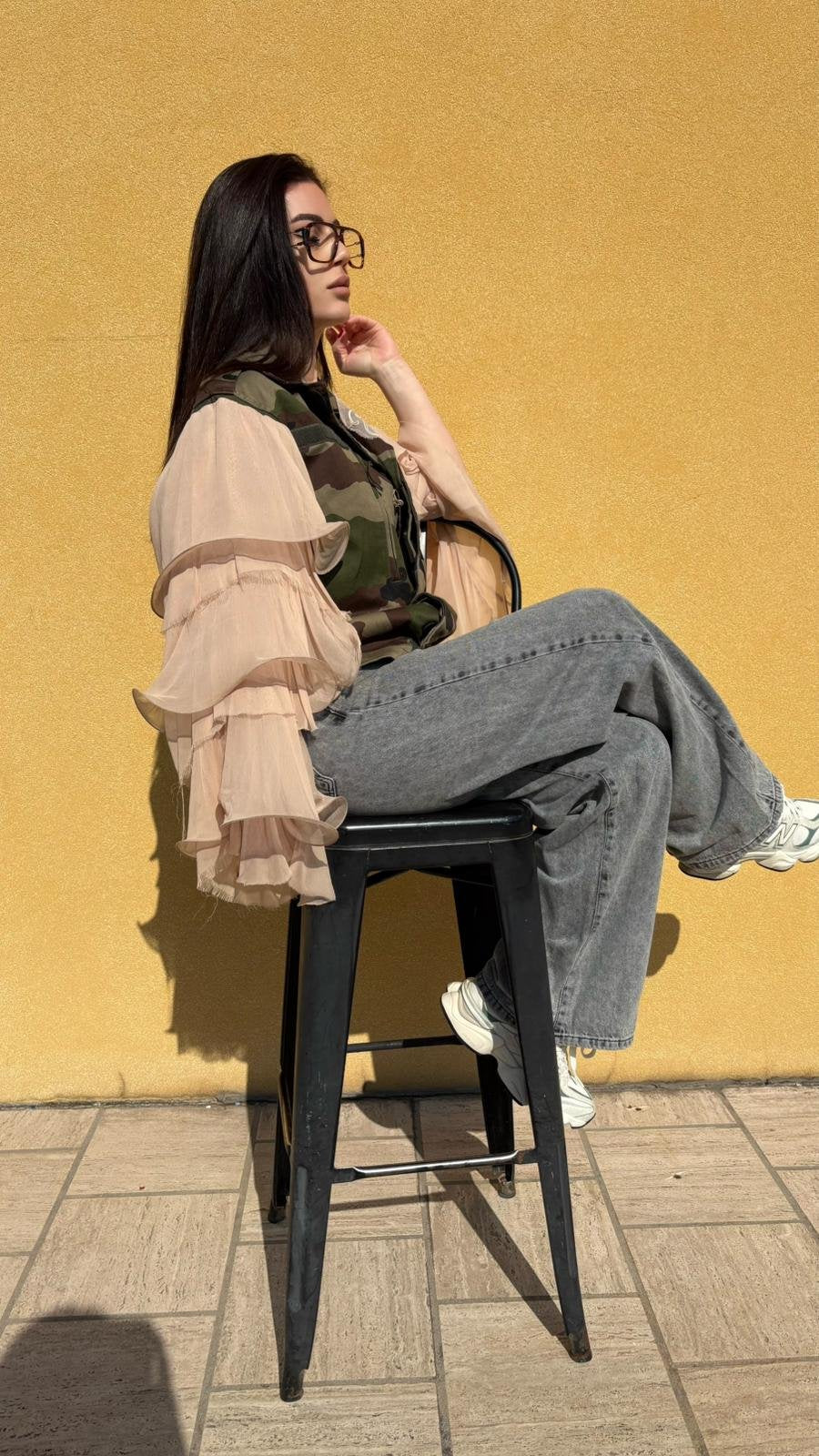 Military Jacket Camouflage con Maniche in Chiffon