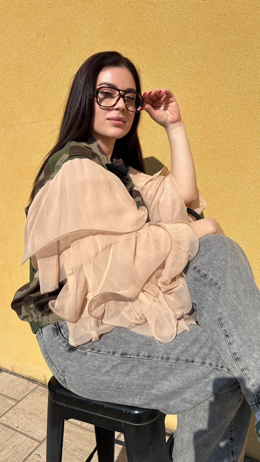 Military Jacket Camouflage con Maniche in Chiffon