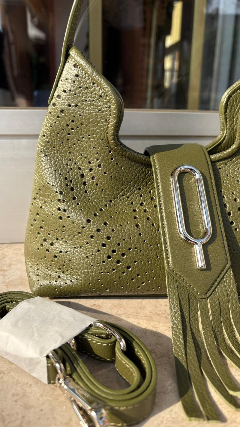 Borsa in Vera Pelle Traforata Verde Oliva con Frange – Made in Italy - Verde