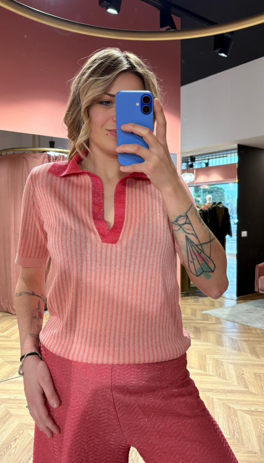Polo in maglia rigata con lurex