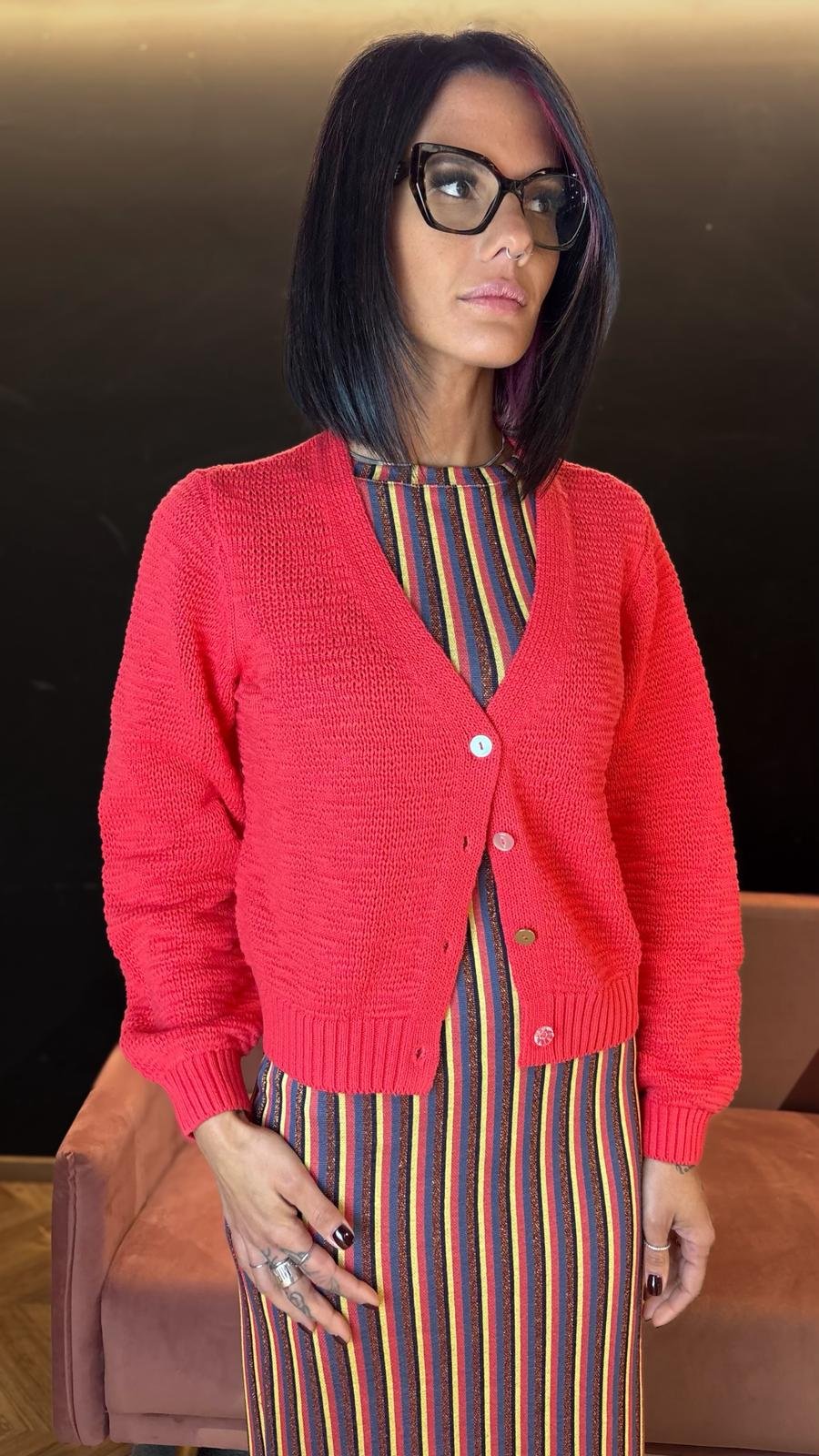 Cardigan Cropped in Cotone con Scollo a V - Geranio