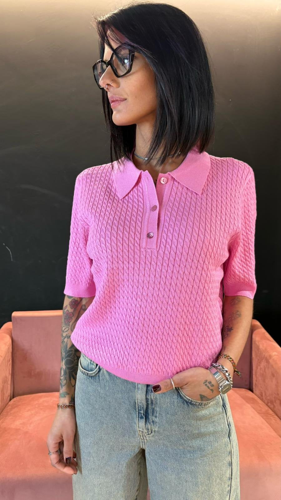 Polo Rosa in maglia lavorata