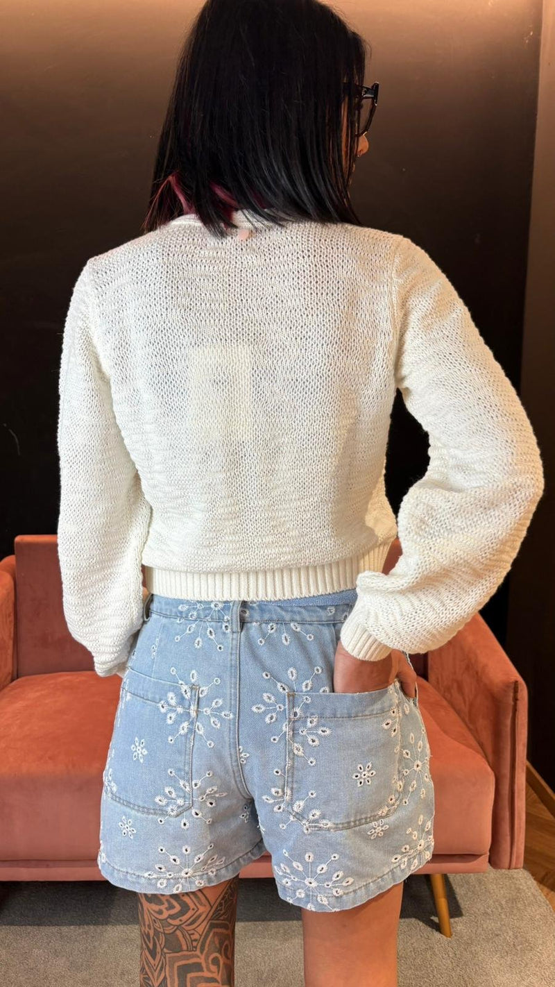 Cardigan Cropped in Cotone Cloud Dancer – Scollo a V Femminile - Cloud Dancer
