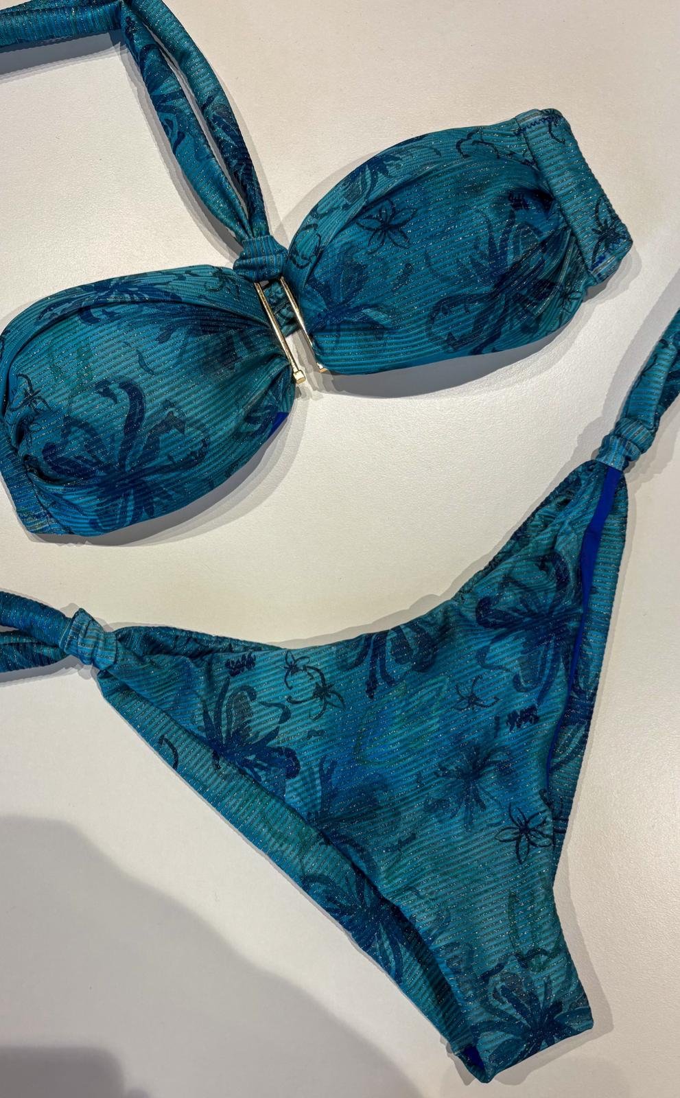 Bikini Matinée Lady – Fantasia Hibiscus Ceruleo | Costume da Bagno Lurex a Fascia
