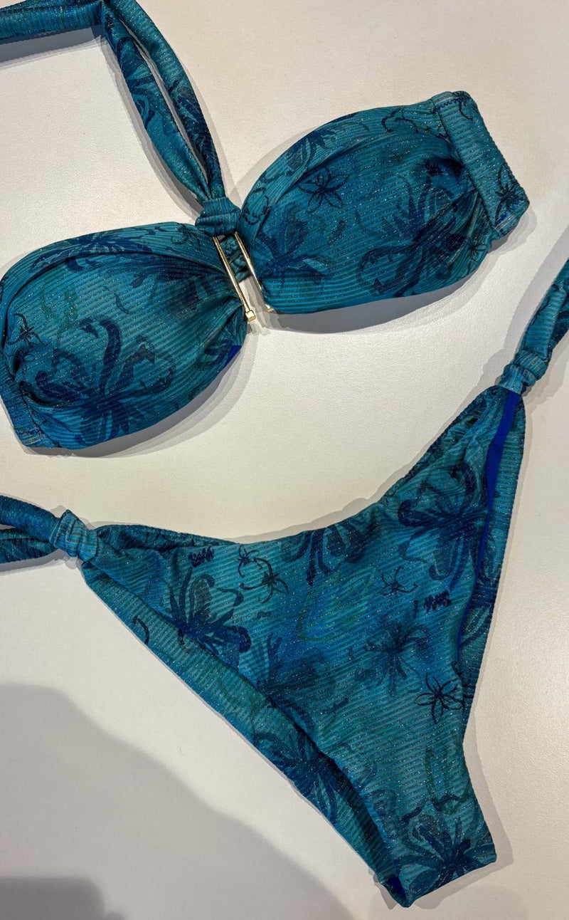 Bikini Matinée Lady – Fantasia Hibiscus Ceruleo | Costume da Bagno Lurex a Fascia