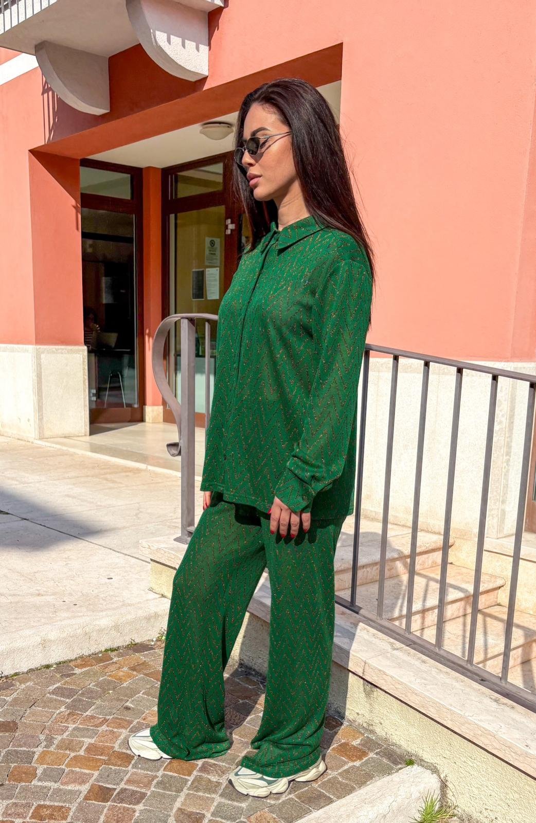 Camicia Milos verde con zig zag in lurex rame