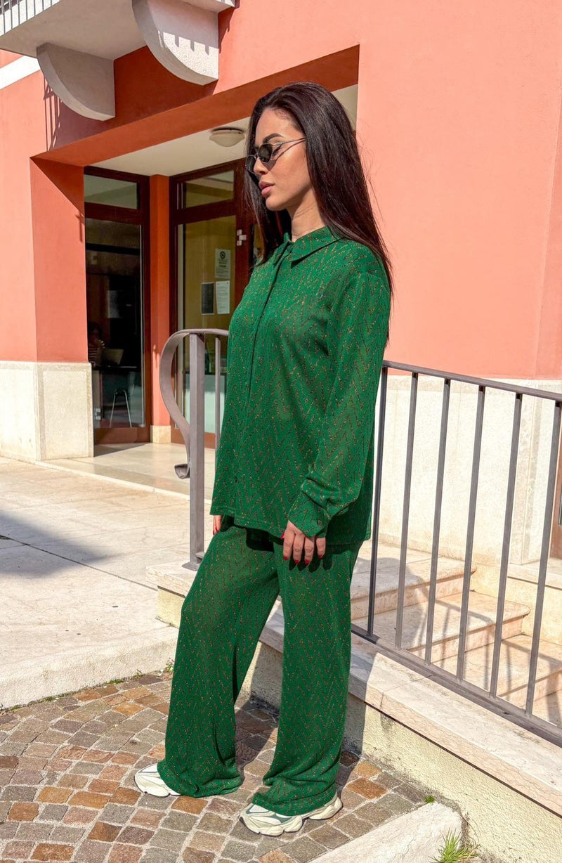 Camicia Milos verde con zig zag in lurex rame