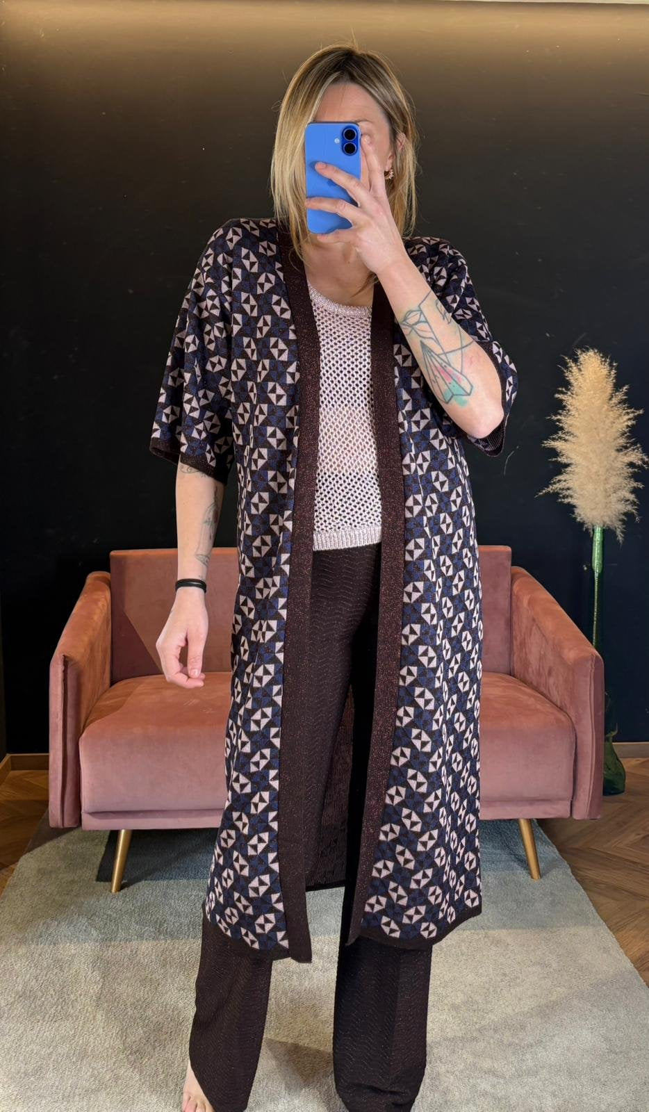 Kimono Lungo Fantasia Geometrica Chiara Bertani con Profili Lurex