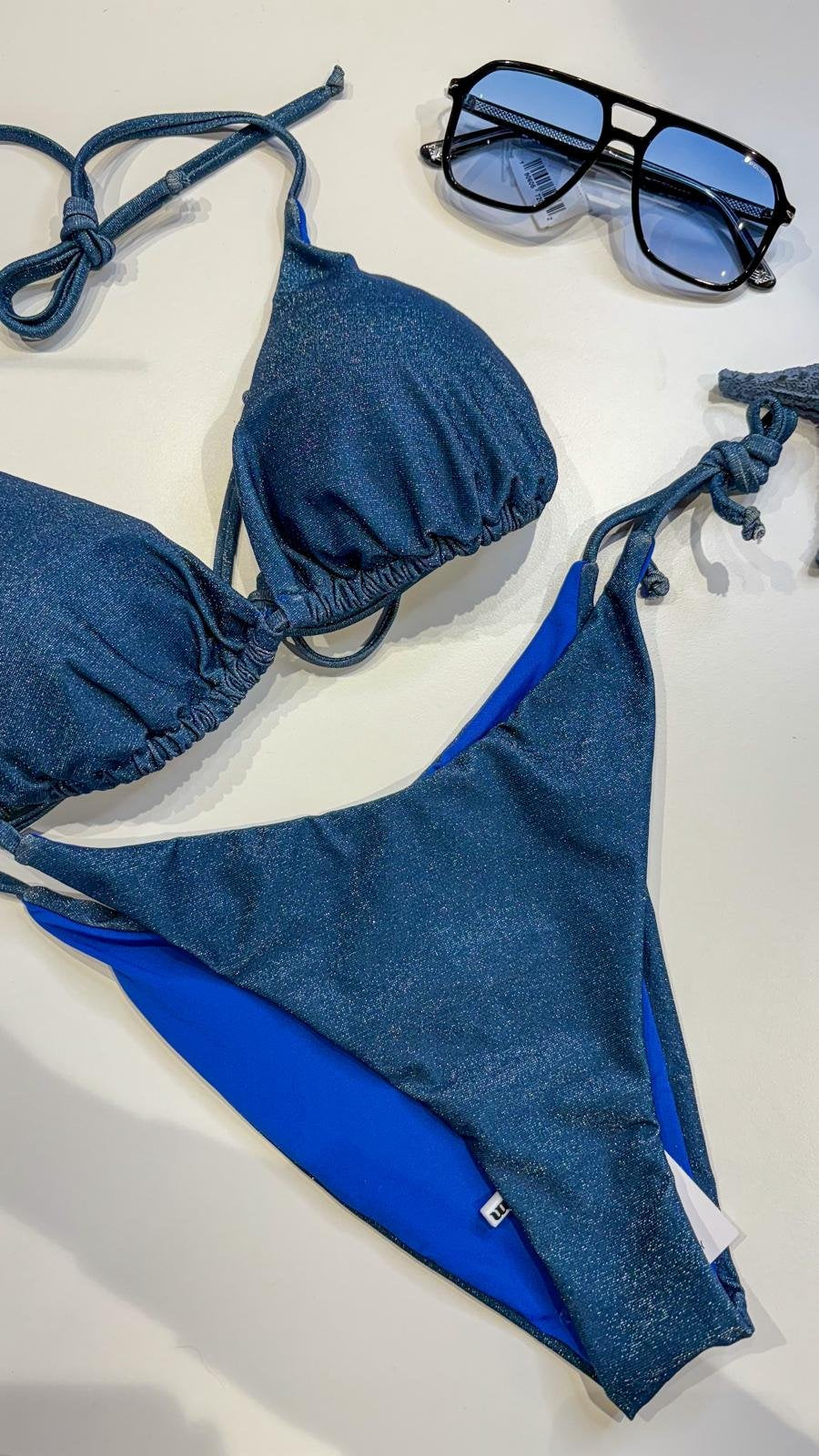 Bikini Kate Lurex Blu – Triangolo Regolabile Brasiliana