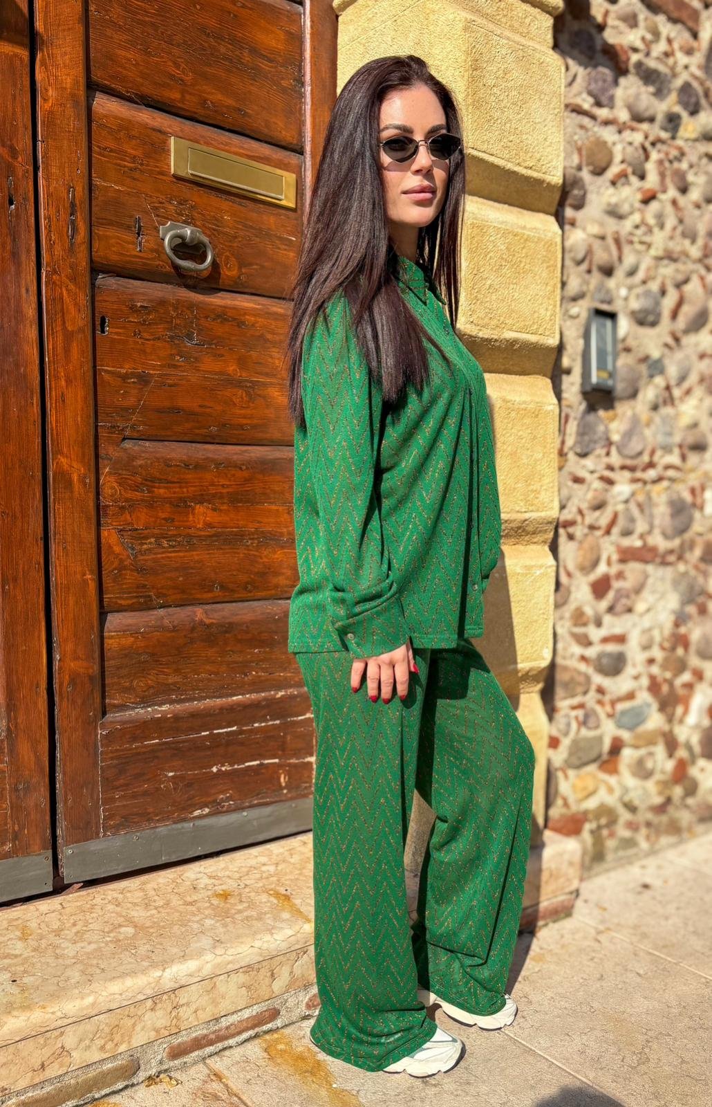 Camicia Milos verde con zig zag in lurex rame