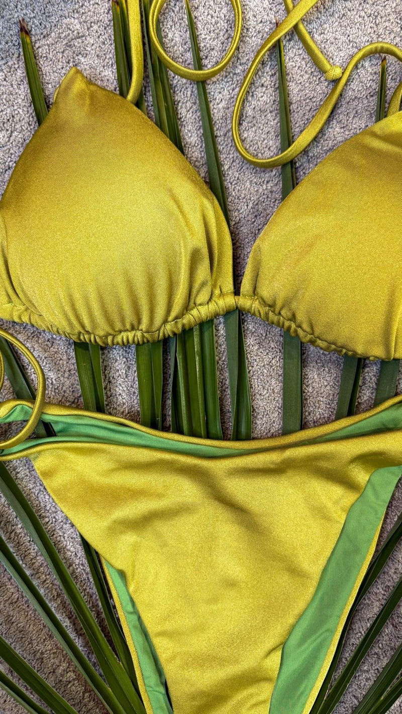 Bikini triangolo verde lime in lycra lucida