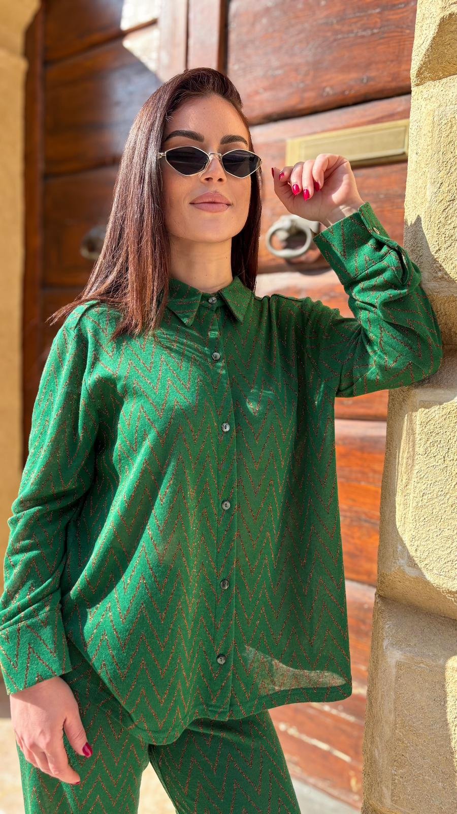 Camicia Milos verde con zig zag in lurex rame