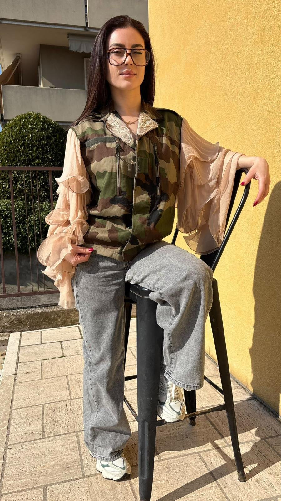 Military Jacket Camouflage con Maniche in Chiffon