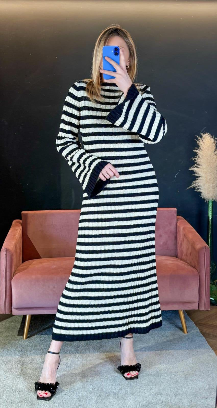 Abito Althea Righe Panna e Nero in Maglia Bouclé