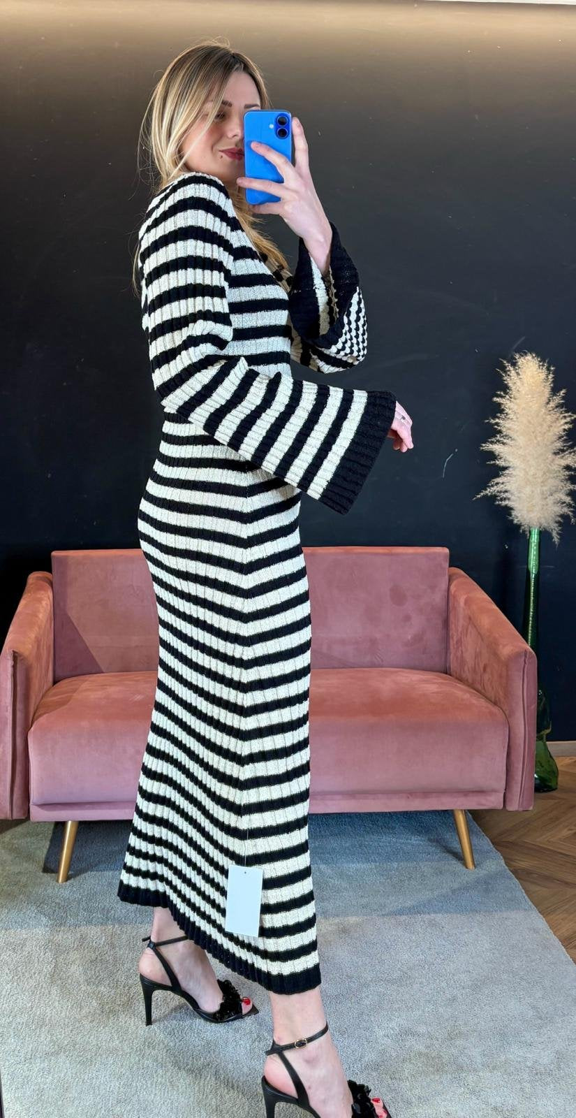 Abito Althea Righe Panna e Nero in Maglia Bouclé