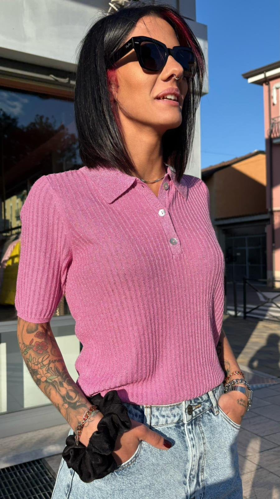 Polo Rosa in Viscosa con Lurex
