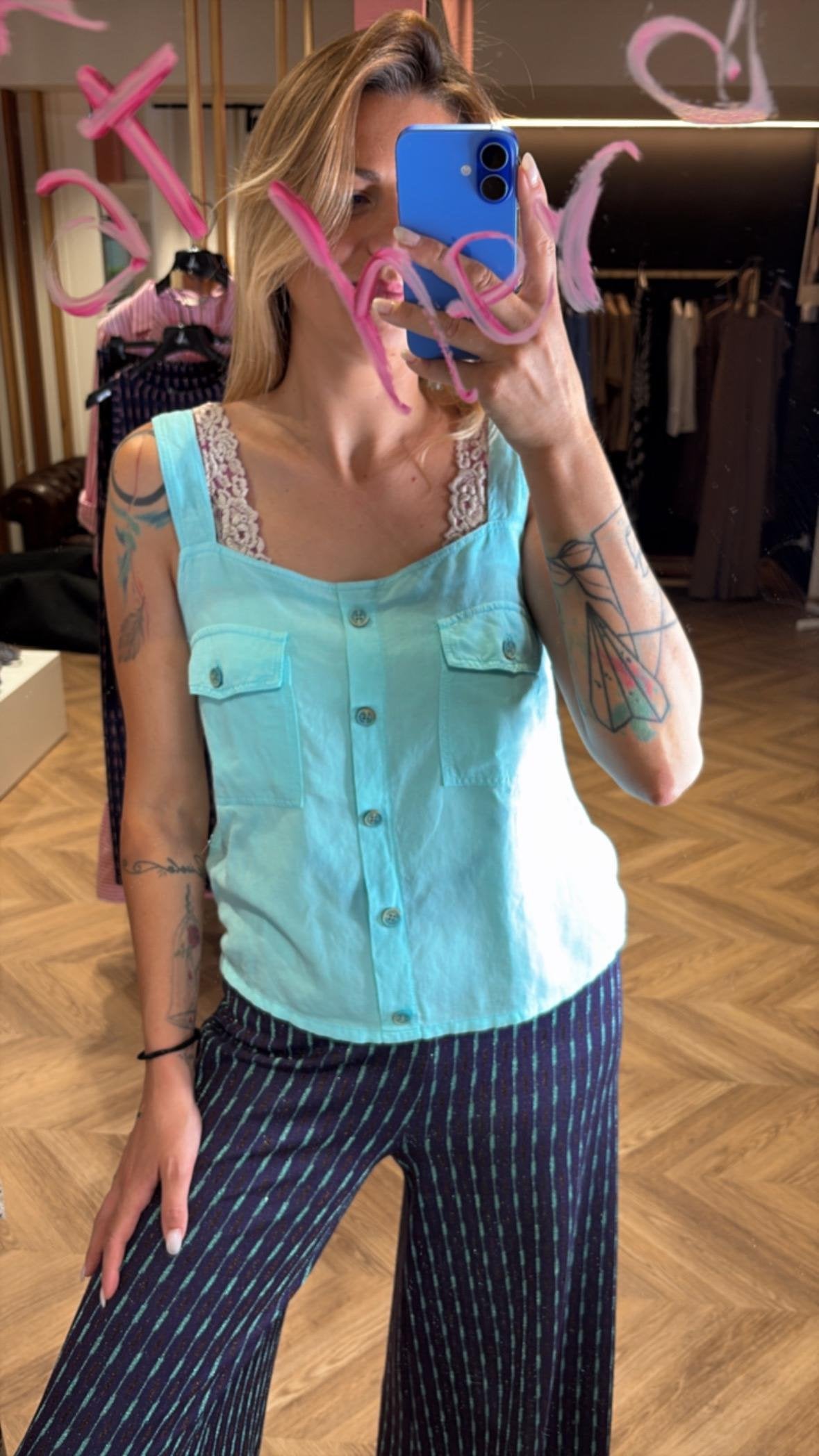 Top in misto lino azzurro cielo