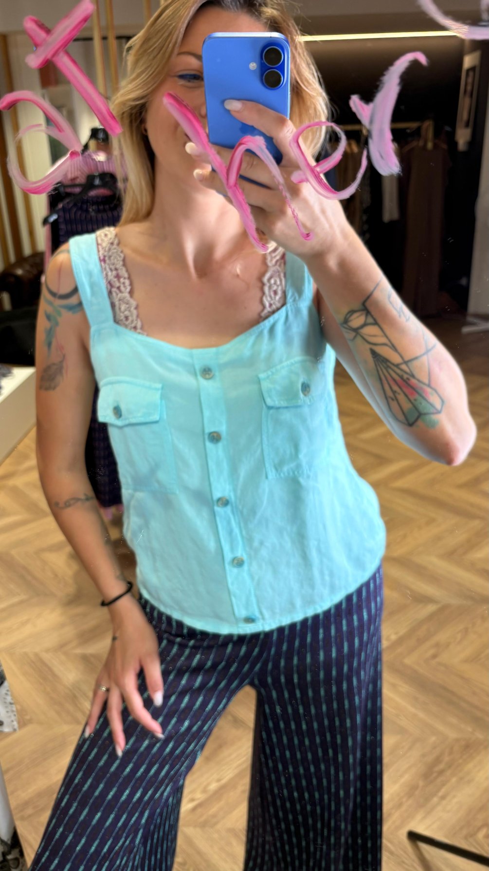 Top in misto lino azzurro cielo