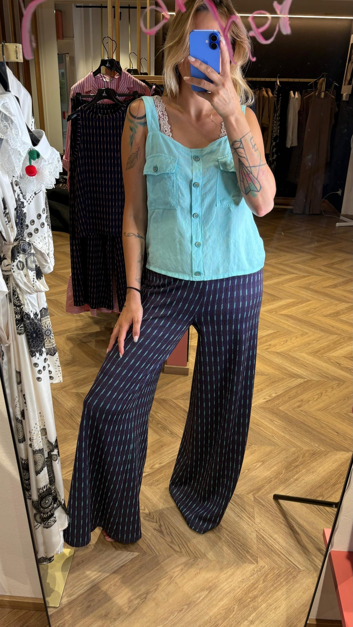 Top in misto lino azzurro cielo