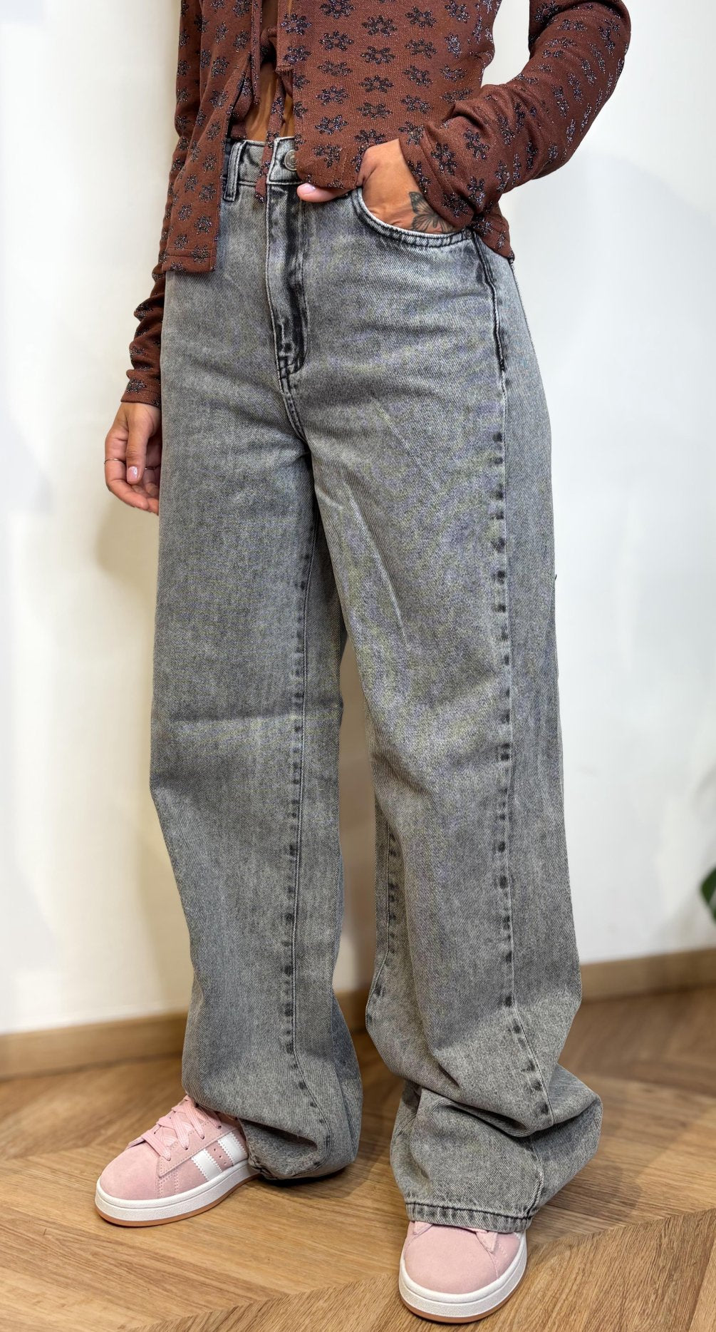 Denim Nubrooklyn Grigio Chiaro Wide Leg - Grigio