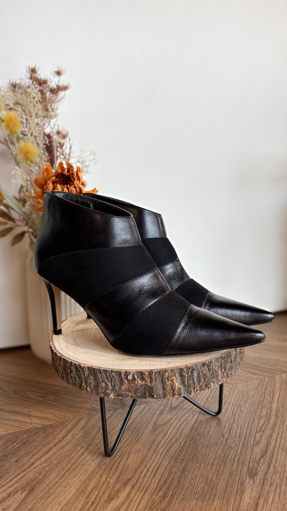 Ankle Boots Nero Fasce in Pelle & Camoscio – Tacco a Stiletto - Nero