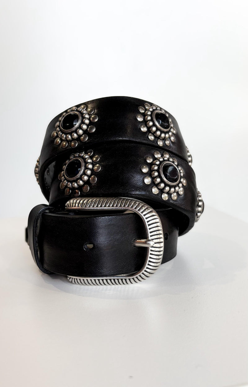 Cintura in Pelle Nera con Pietre e Dettagli Argento – Boho Chic - Nero