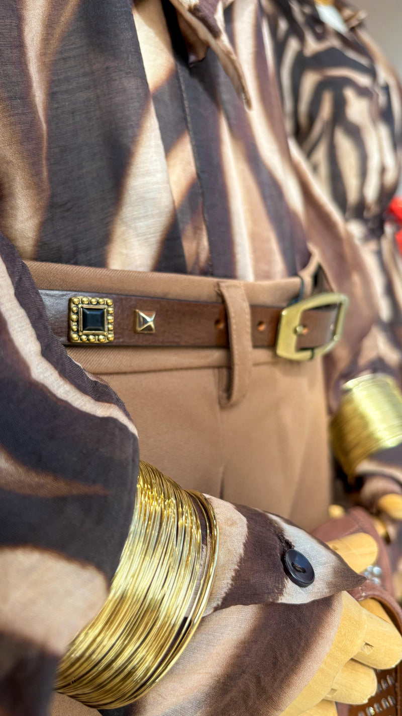 Cintura in Pelle Marrone con Borchie e Pietre Nere – Made in Italy - Marrone
