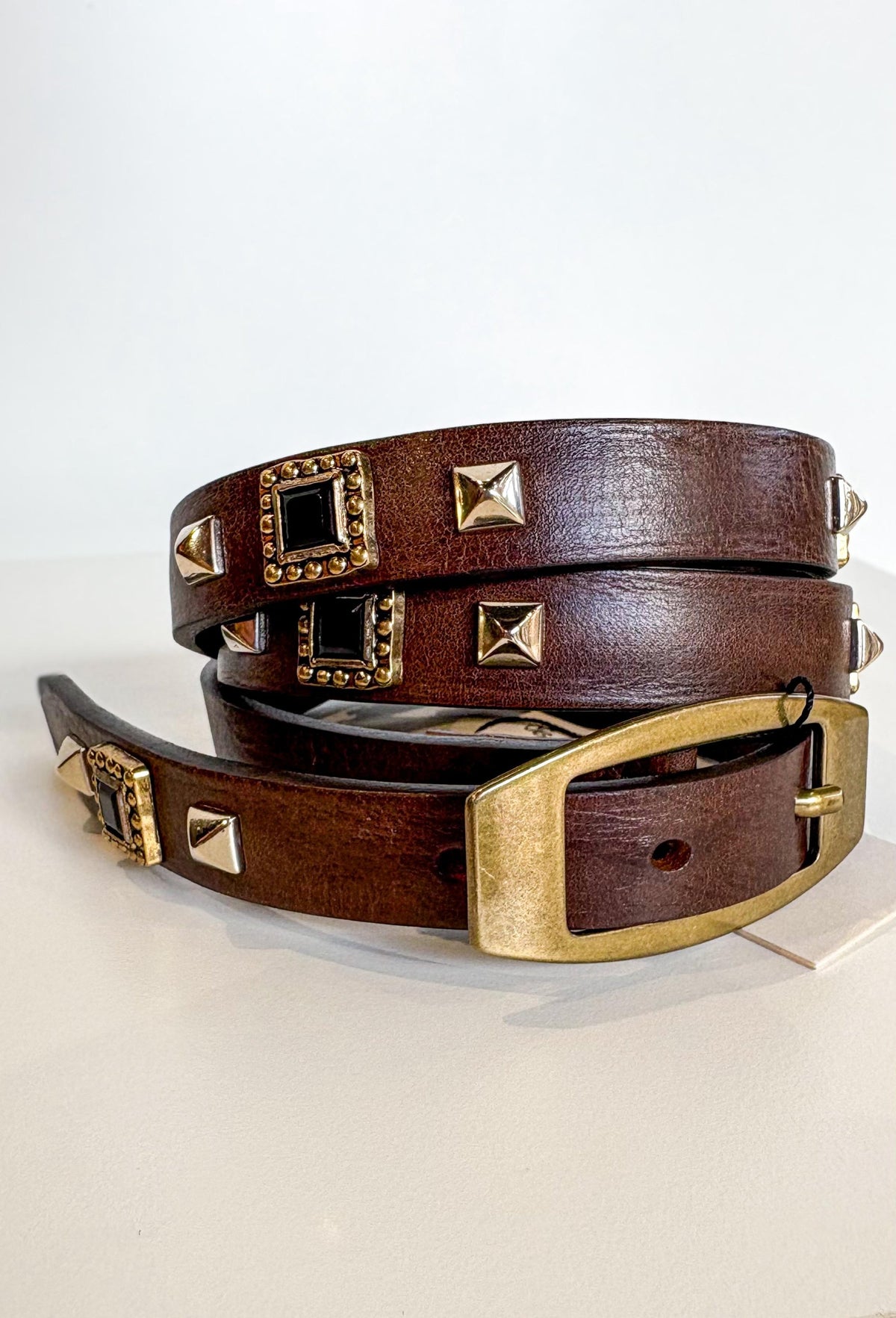 Cintura in Pelle Marrone con Borchie e Pietre Nere – Made in Italy - Marrone