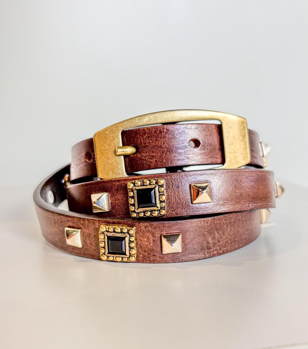 Cintura in Pelle Marrone con Borchie e Pietre Nere – Made in Italy - Marrone