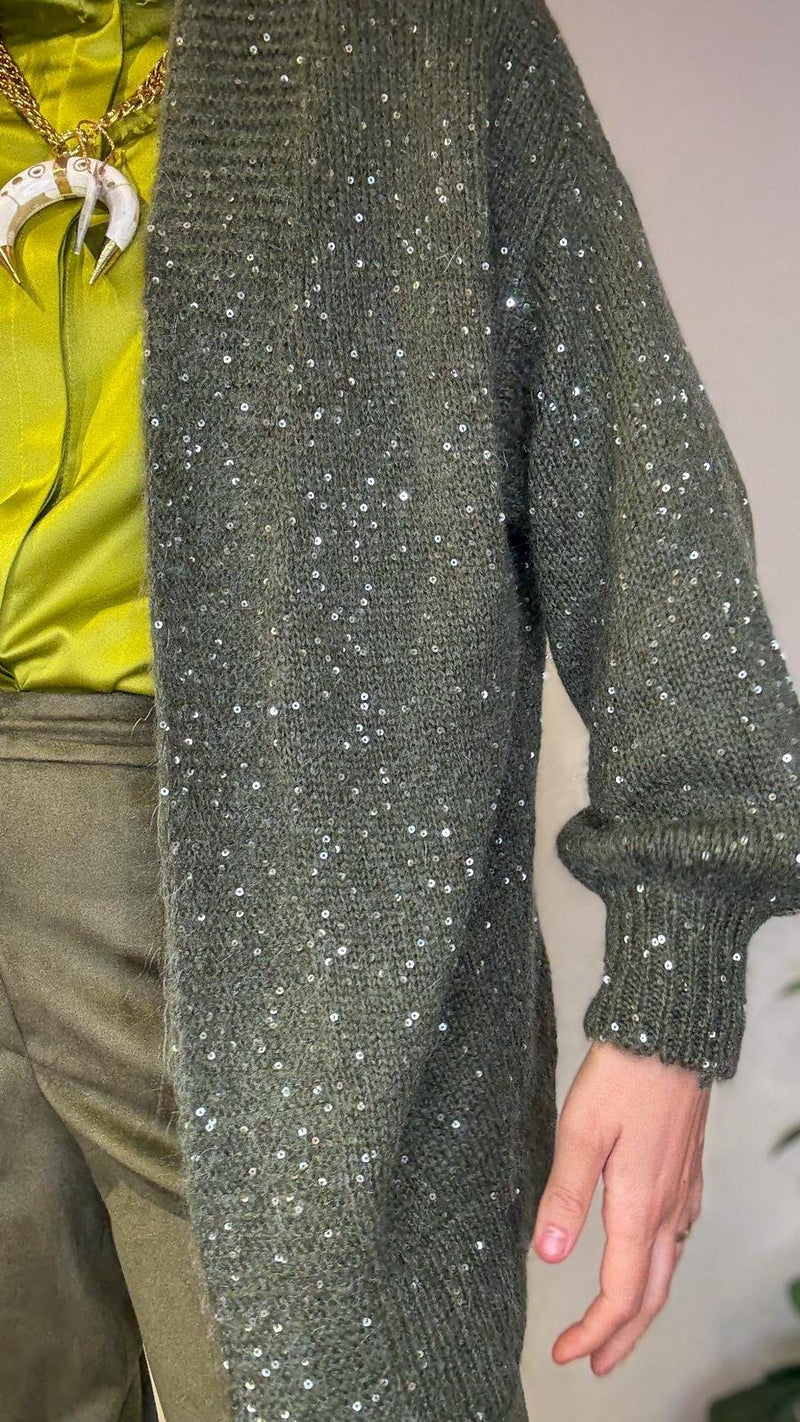 Cardigan verde bosco con micro paillette e cintura