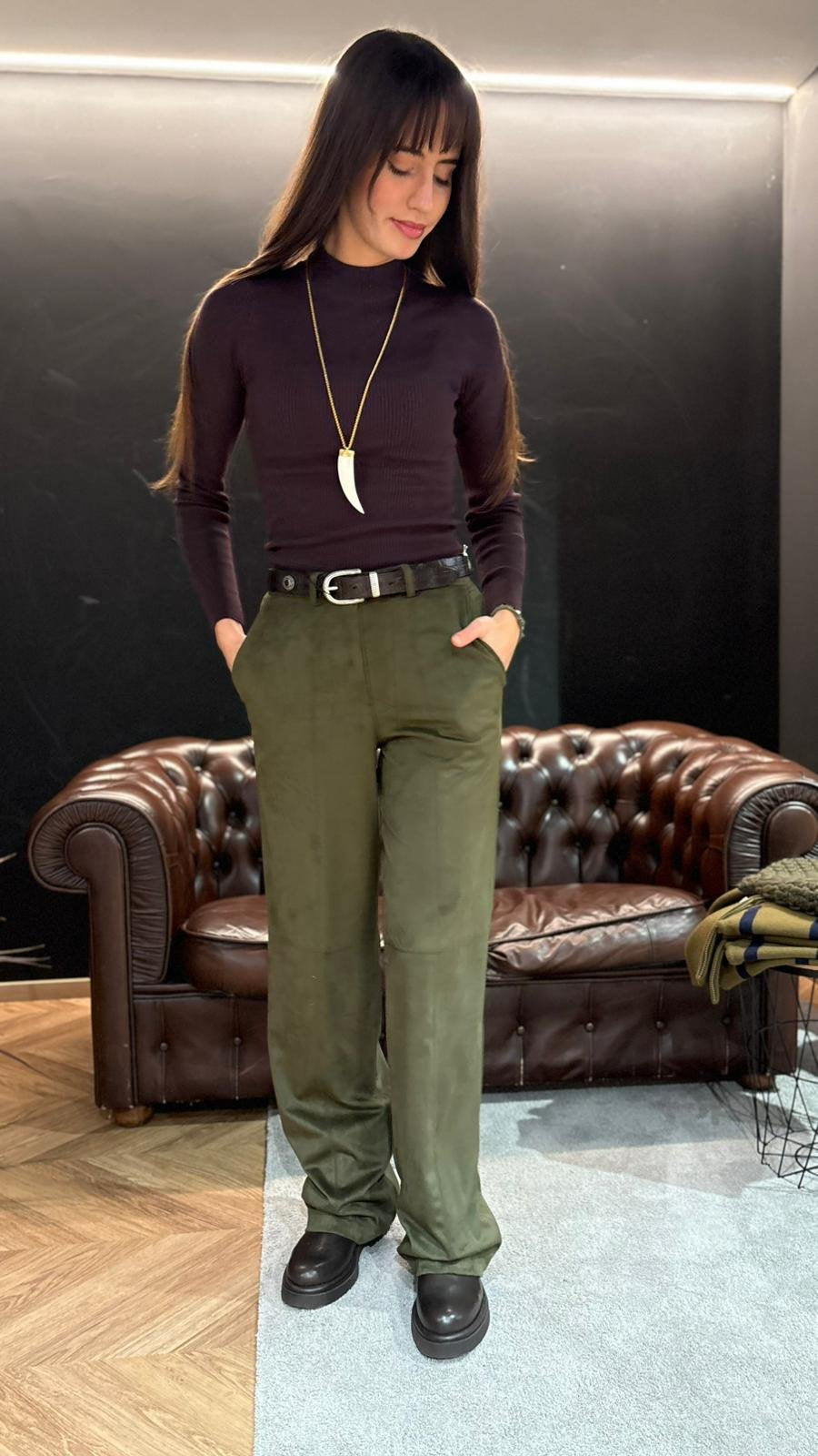 Pantalone effetto scamosciato Verde