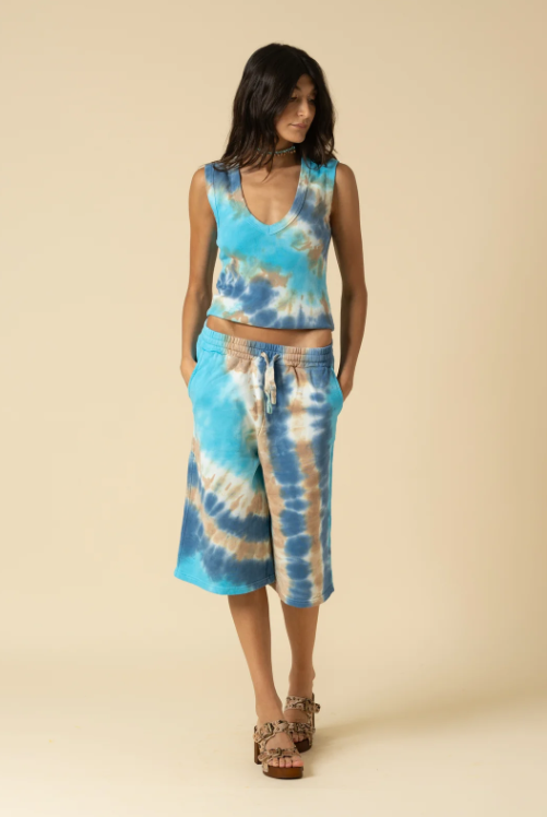 Top a Coste Tie-Dye Blue con Scollo a V