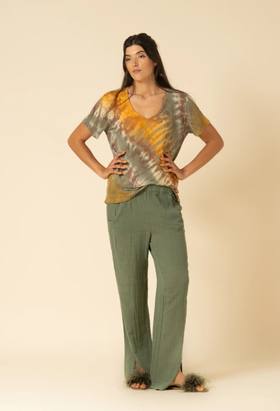 T-Shirt Tie Dye in Lino Devore con Scollo a V