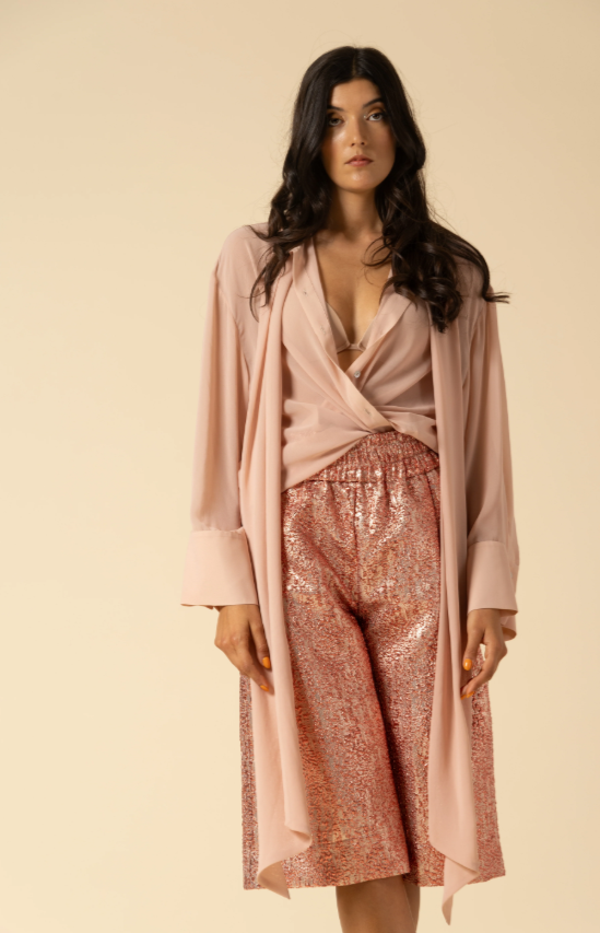 Camicia oversize in georgette con fiocco – rosa nude