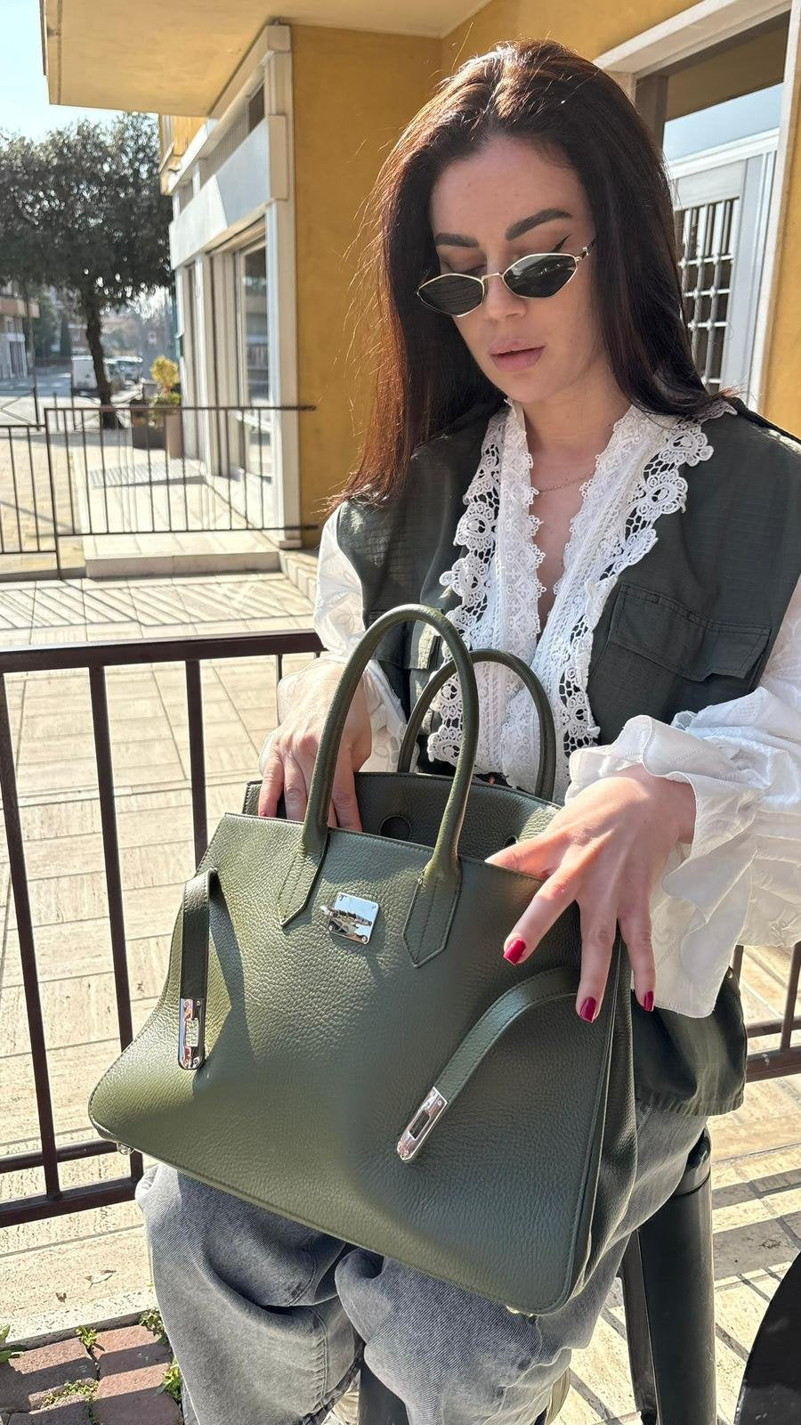 Borsa Modello Birkin in Vera Pelle Olive - Verde