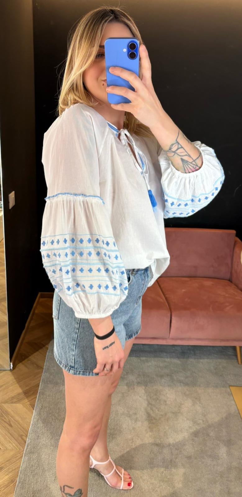 Blusa Mini Flower Ricamata Azzurra