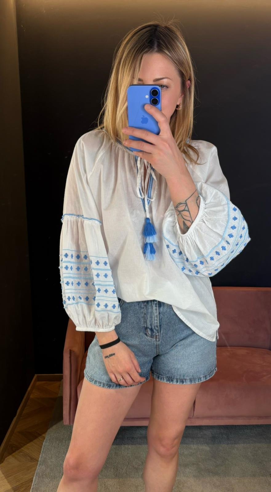 Blusa Mini Flower Ricamata Azzurra
