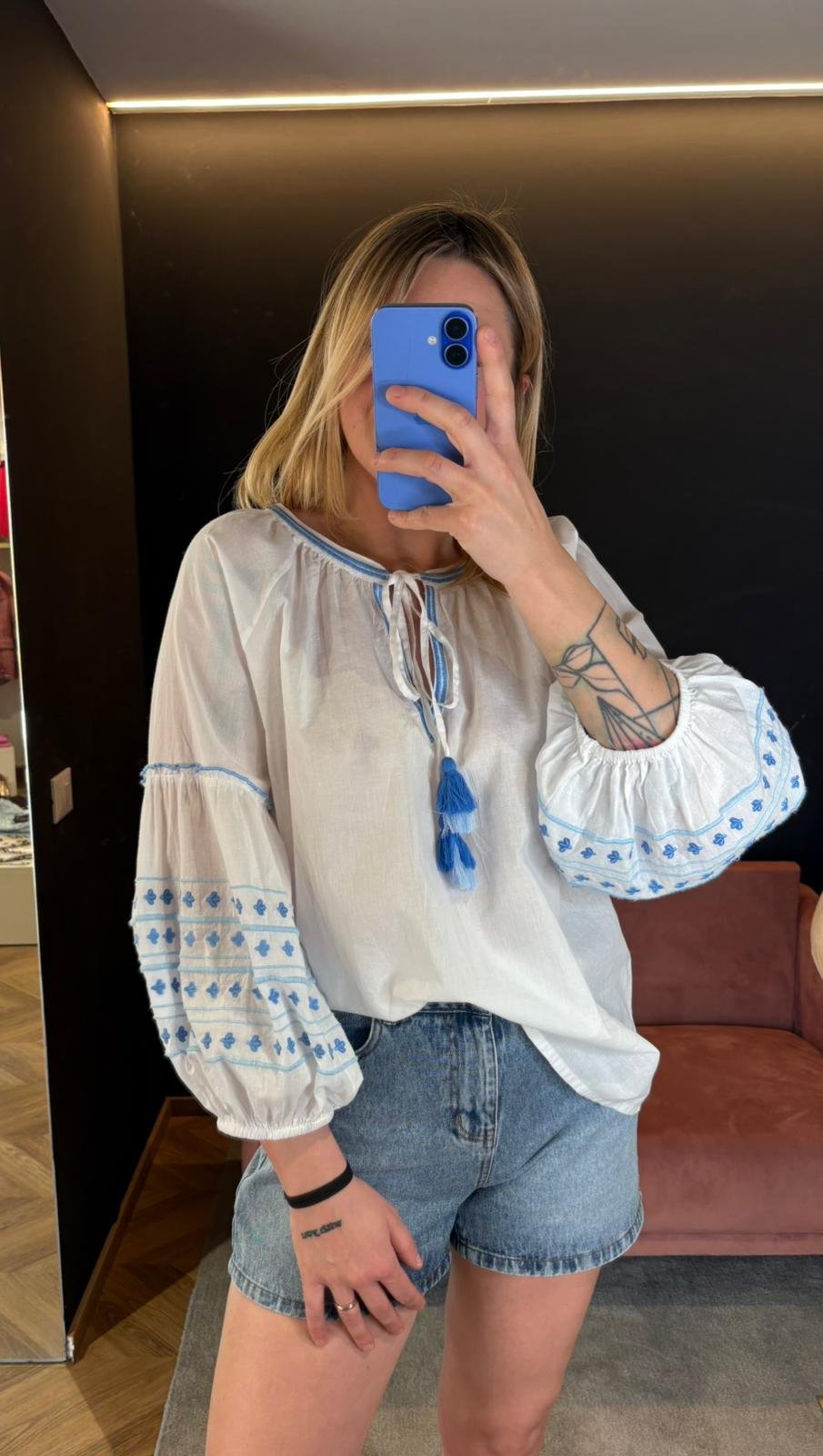 Blusa Mini Flower Ricamata Azzurra