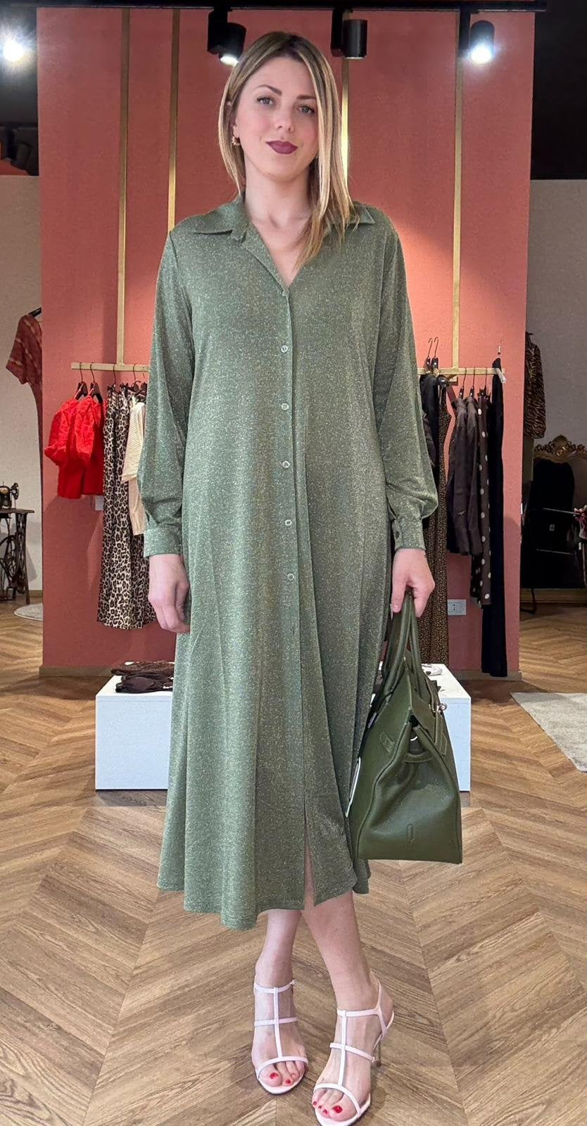 Chemisier Livio verde lurex – abito camicia Made in Italy