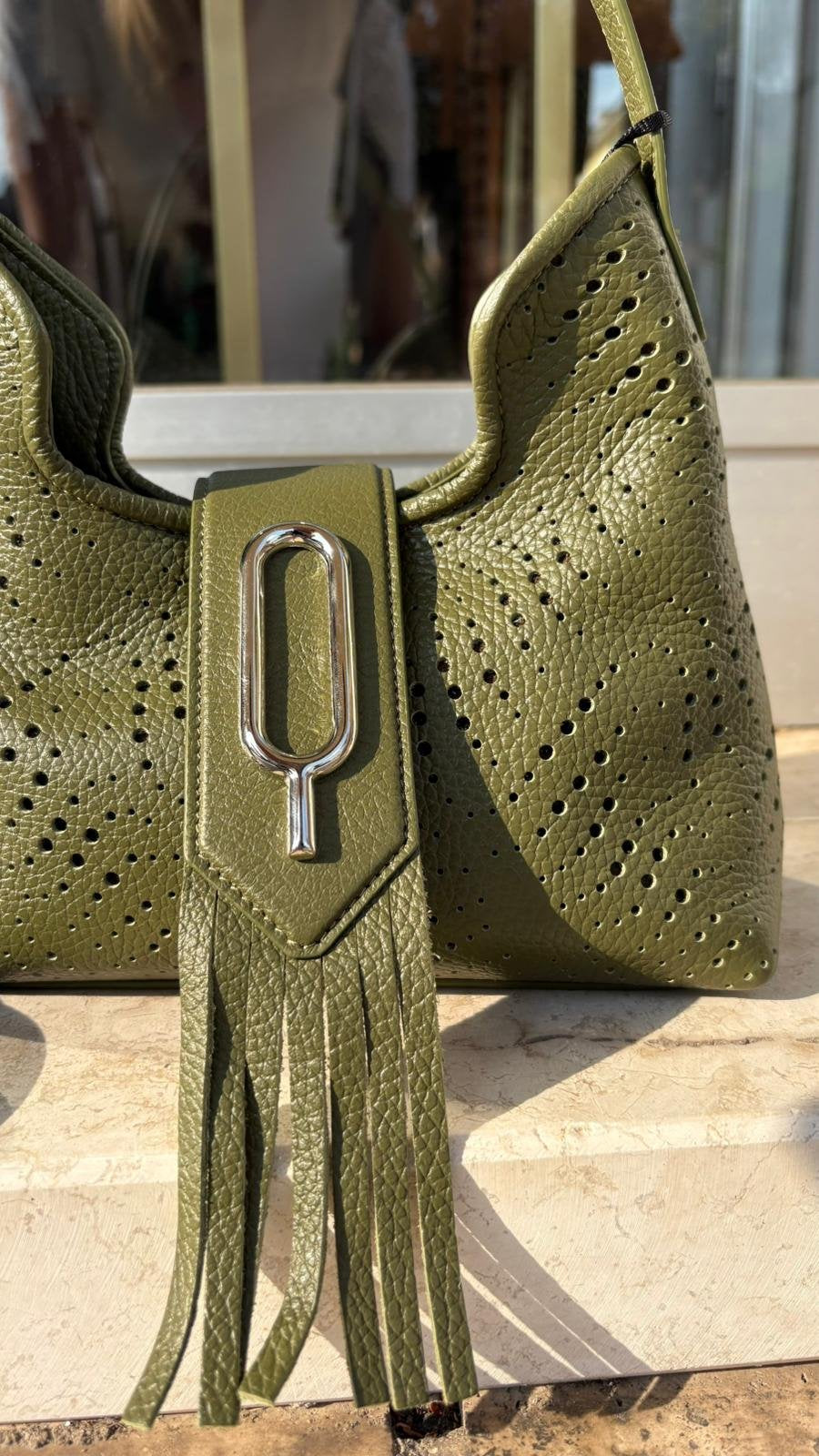 Borsa in Vera Pelle Traforata Verde Oliva con Frange – Made in Italy - Verde