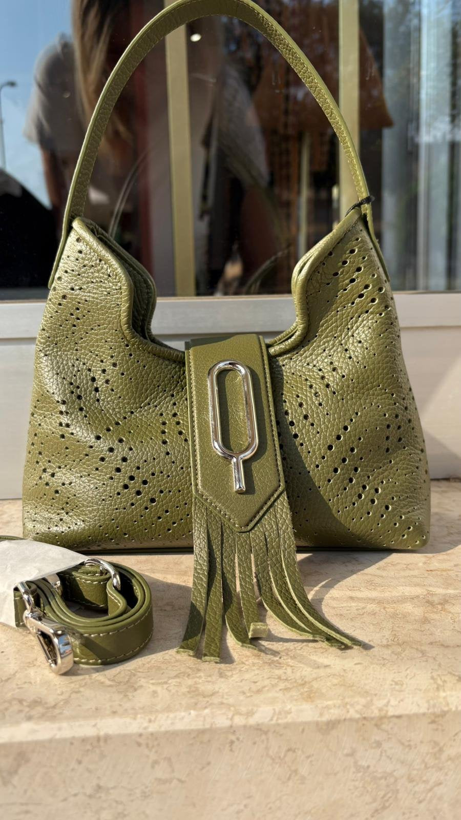 Borsa in Vera Pelle Traforata Verde Oliva con Frange – Made in Italy - Verde