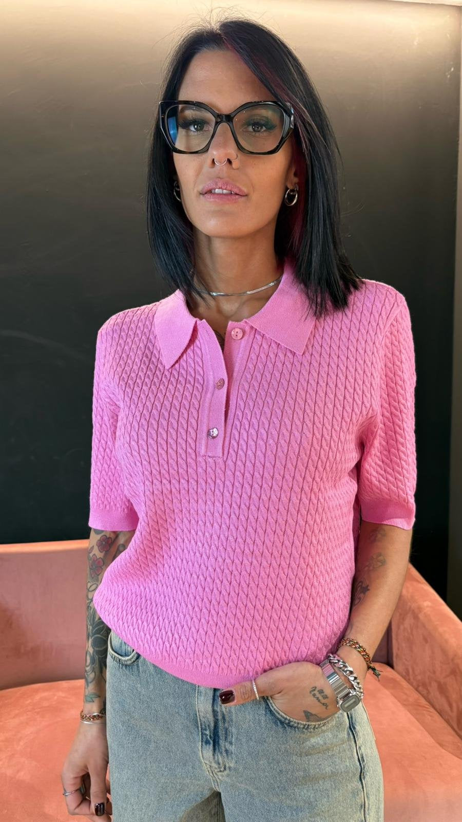 Polo Rosa in maglia lavorata