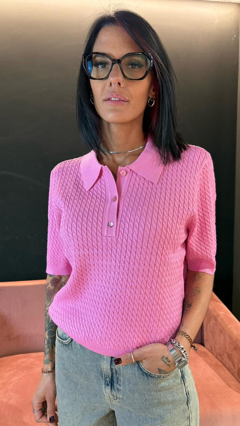 Polo Rosa in maglia lavorata