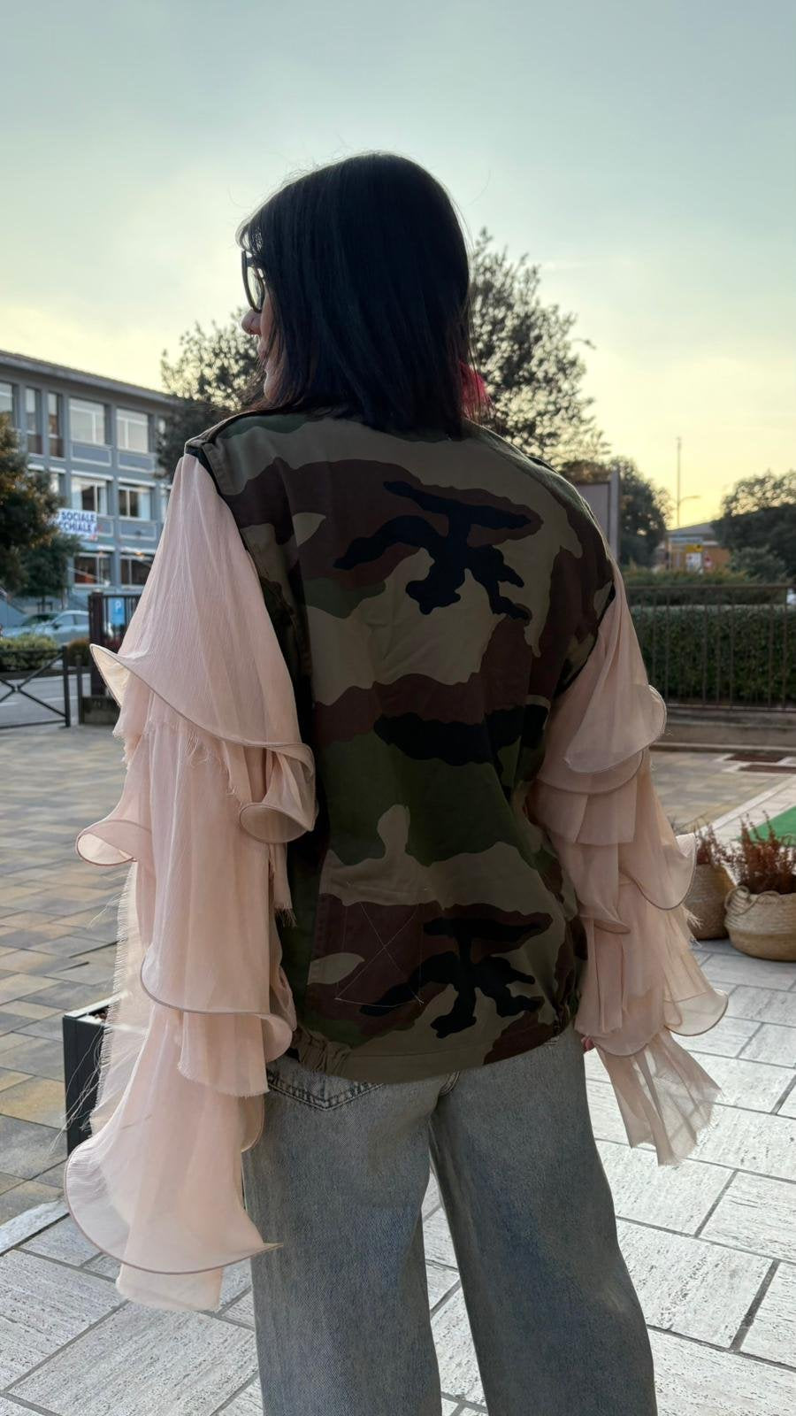 Military Jacket Camouflage con Maniche in Chiffon