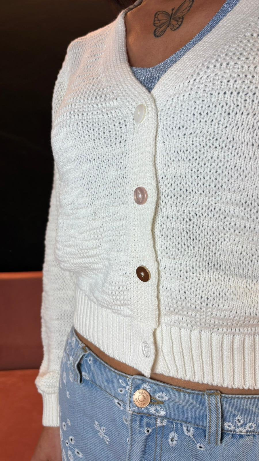 Cardigan Cropped in Cotone Cloud Dancer – Scollo a V Femminile - Cloud Dancer