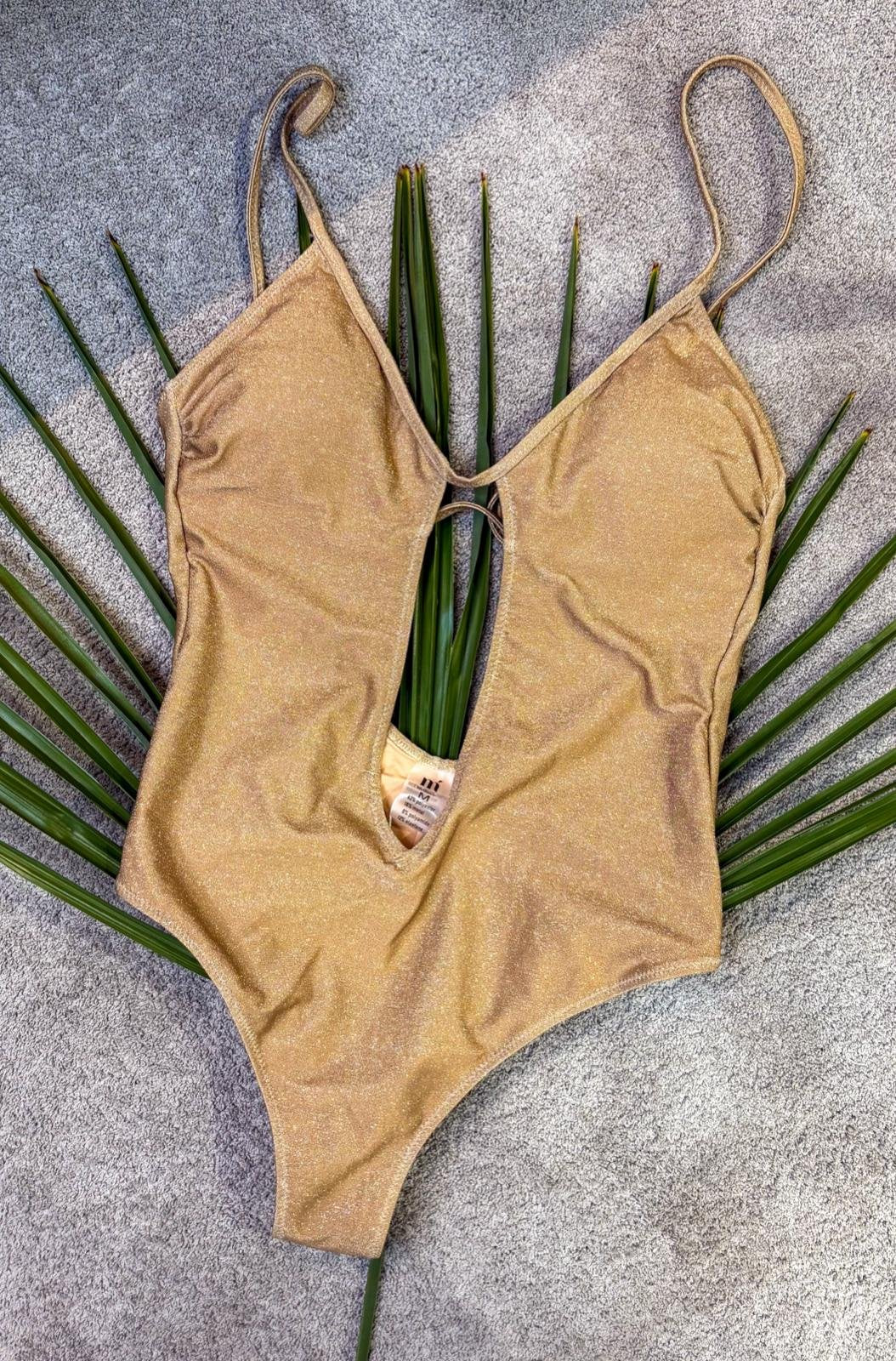Costume intero oro lurex con scollo profondo e apertura centrale