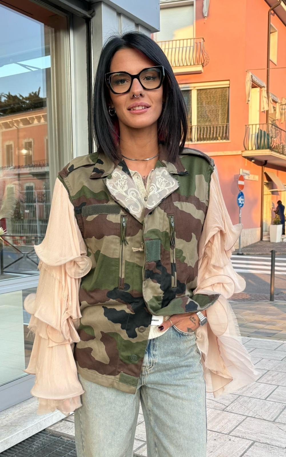Military Jacket Camouflage con Maniche in Chiffon